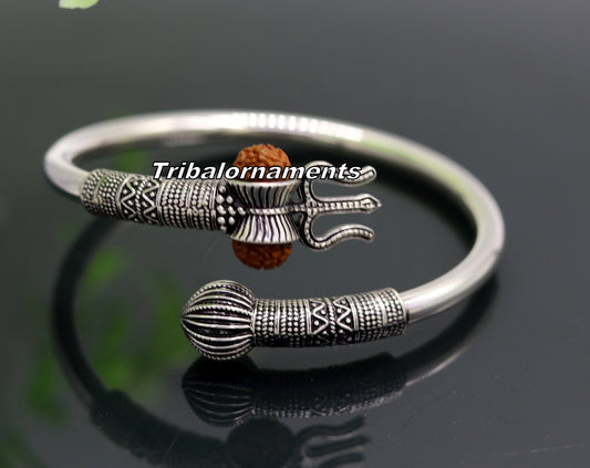 Rudraksha beads Handcrafted 925 sterling silver bangle bracelet kada excellent Lord shiva trident customized jewelry,gifting unisex nsk241 - TRIBAL ORNAMENTS