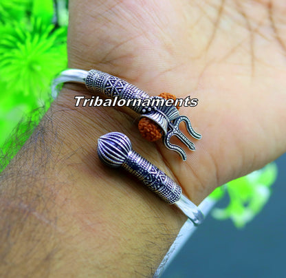 Unisex 925 sterling silver Lord Shiva trident with Rudraksha beads handcrafted bangle cuff jewelry by Tribal Ornaments.