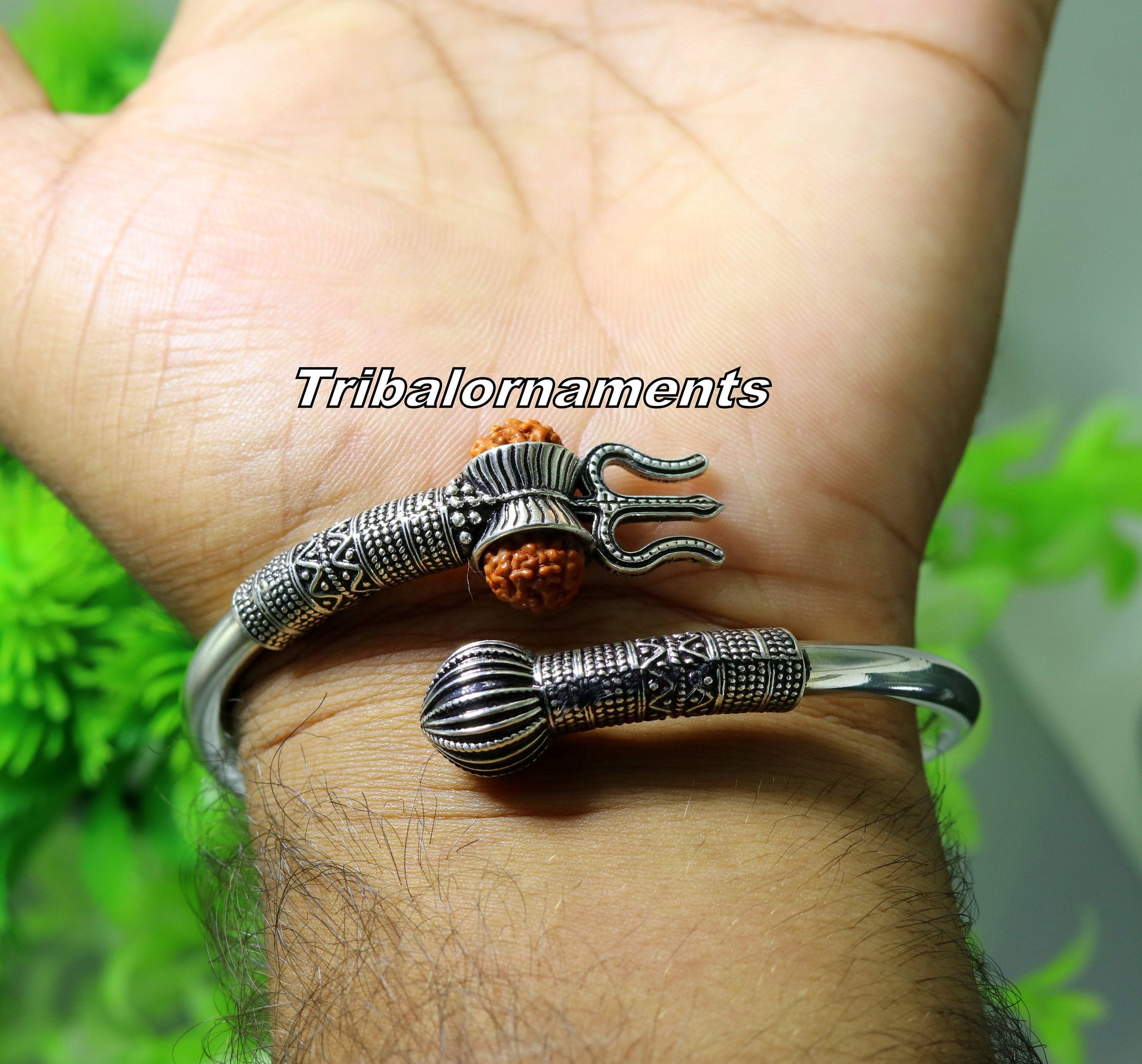 Rudraksha beads Handcrafted 925 sterling silver bangle bracelet kada excellent Lord shiva trident customized jewelry,gifting unisex nsk241 - TRIBAL ORNAMENTS