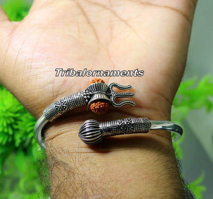 Handcrafted 925 sterling silver Lord Shiva trident and Rudraksha bead bangle cuff, unisex customized jewelry by TRIBAL ORNAMENTS.