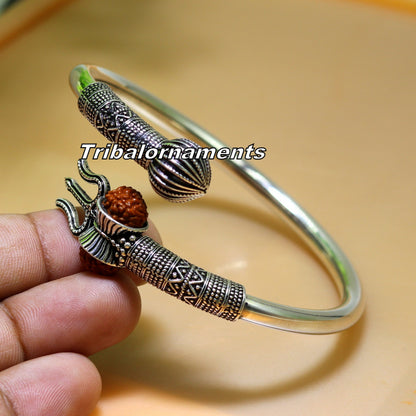 Sterling silver Lord Shiva trident and Rudraksha bead bangle cuff bracelet, unisex handcrafted jewelry by Tribal Ornaments.