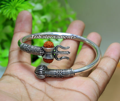 Unisex handcrafted 925 sterling silver Lord Shiva trident and Rudraksha bead bangle cuff bracelet by TRIBAL ORNAMENTS.