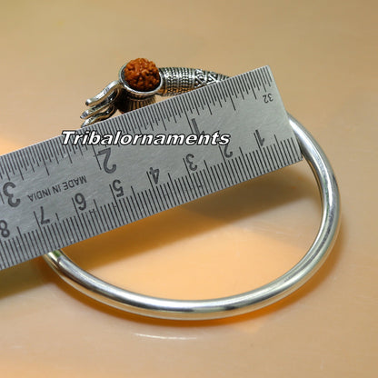 Handcrafted 925 sterling silver Lord Shiva trident and Rudraksha bangle cuff jewelry, unisex tribal ornament design.