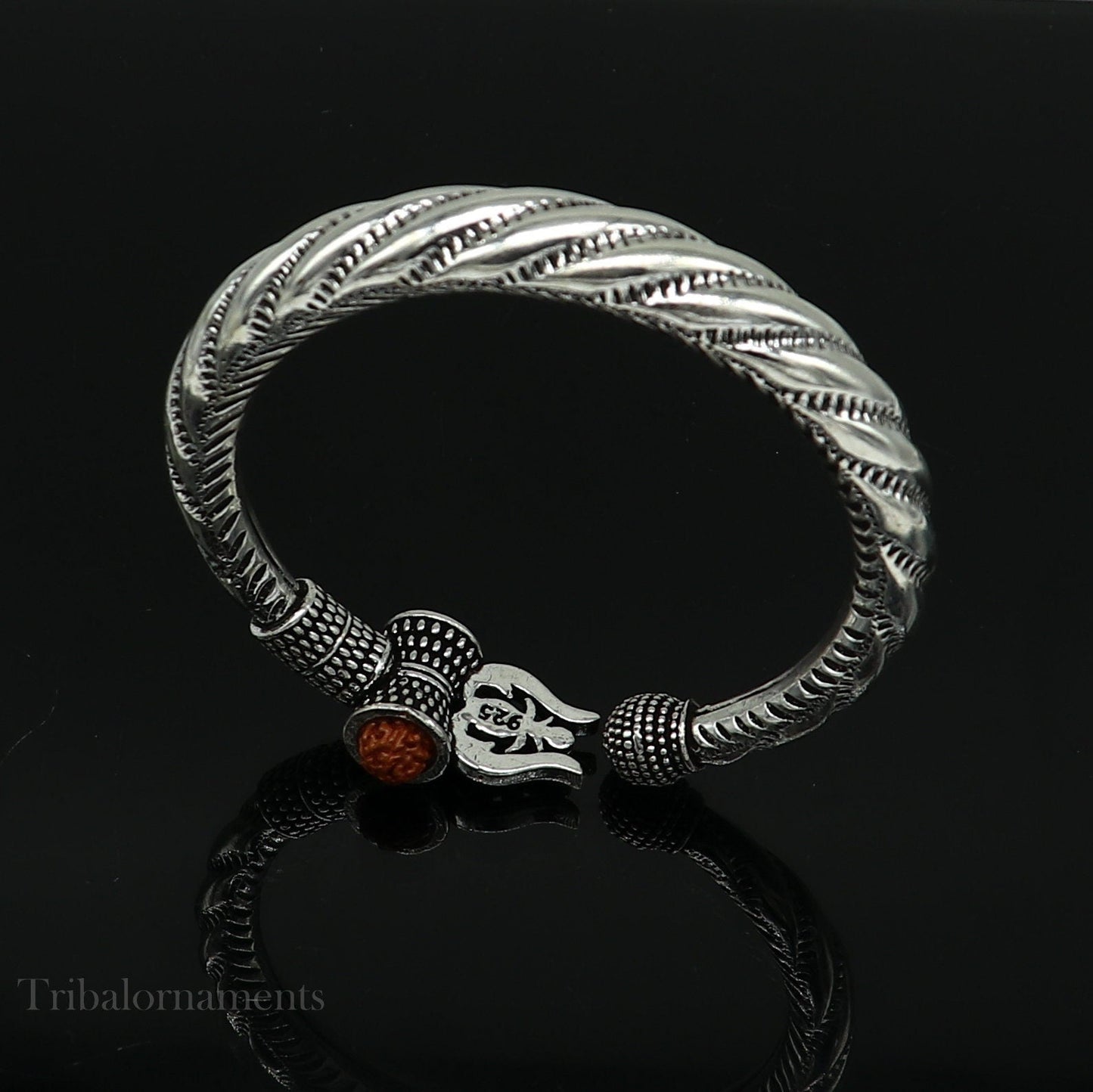 925 Sterling silver handmade Lord Shiva trident trishul trishool kada bangle bracelet with natural Rudraksha customized kada nsk381 - TRIBAL ORNAMENTS