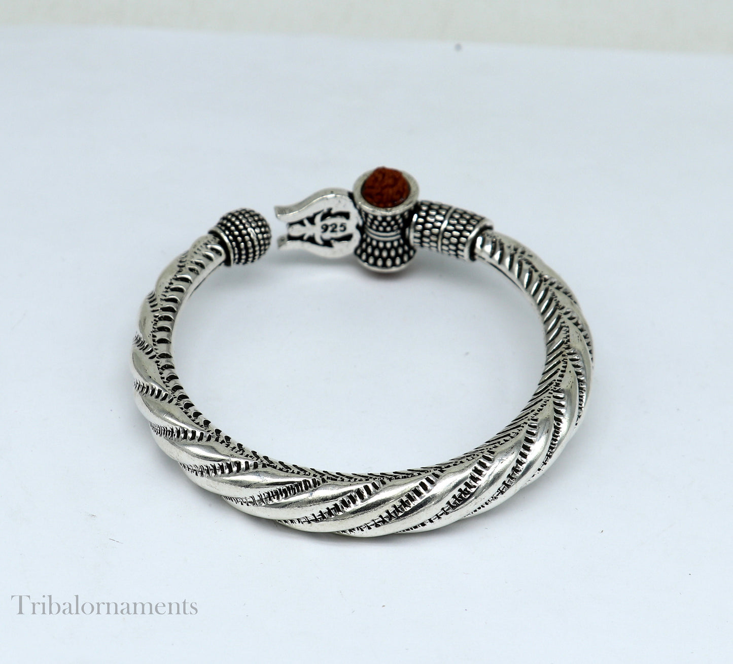925 Sterling silver handmade Lord Shiva trident trishul trishool kada bangle bracelet with natural Rudraksha customized kada nsk381 - TRIBAL ORNAMENTS