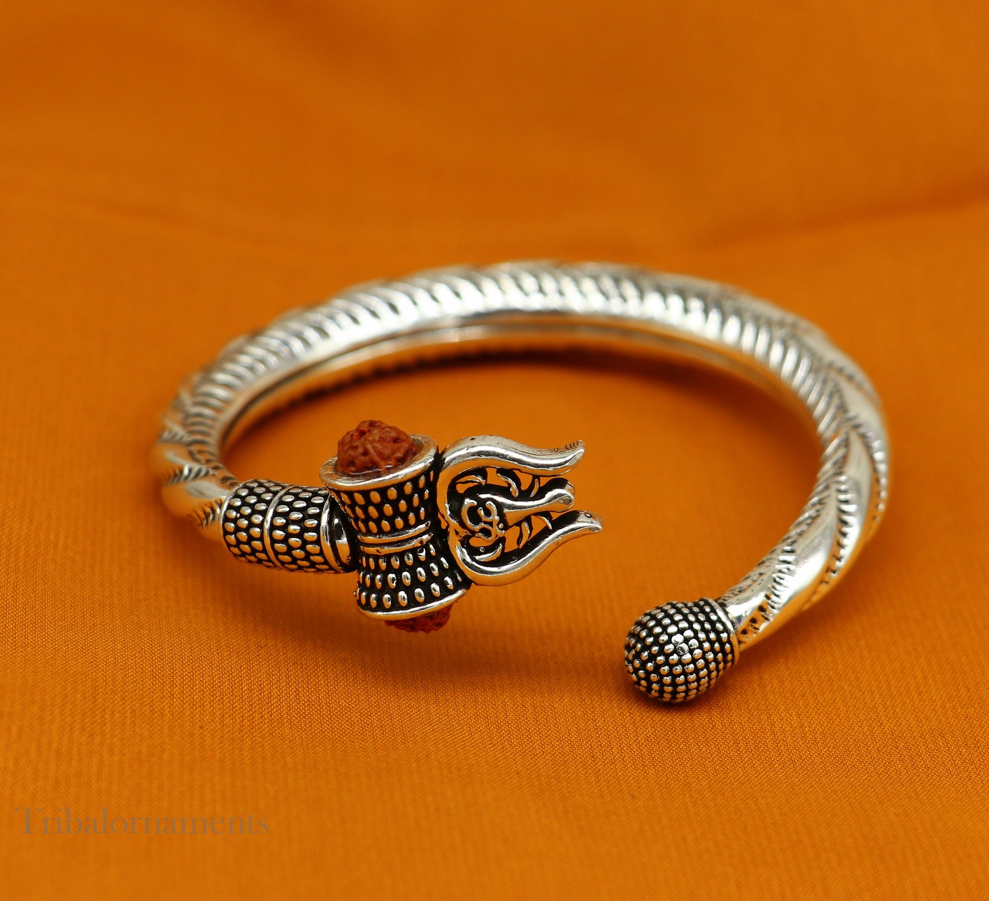 925 Sterling silver handmade Lord Shiva trident trishul trishool kada bangle bracelet with natural Rudraksha customized kada nsk381 - TRIBAL ORNAMENTS