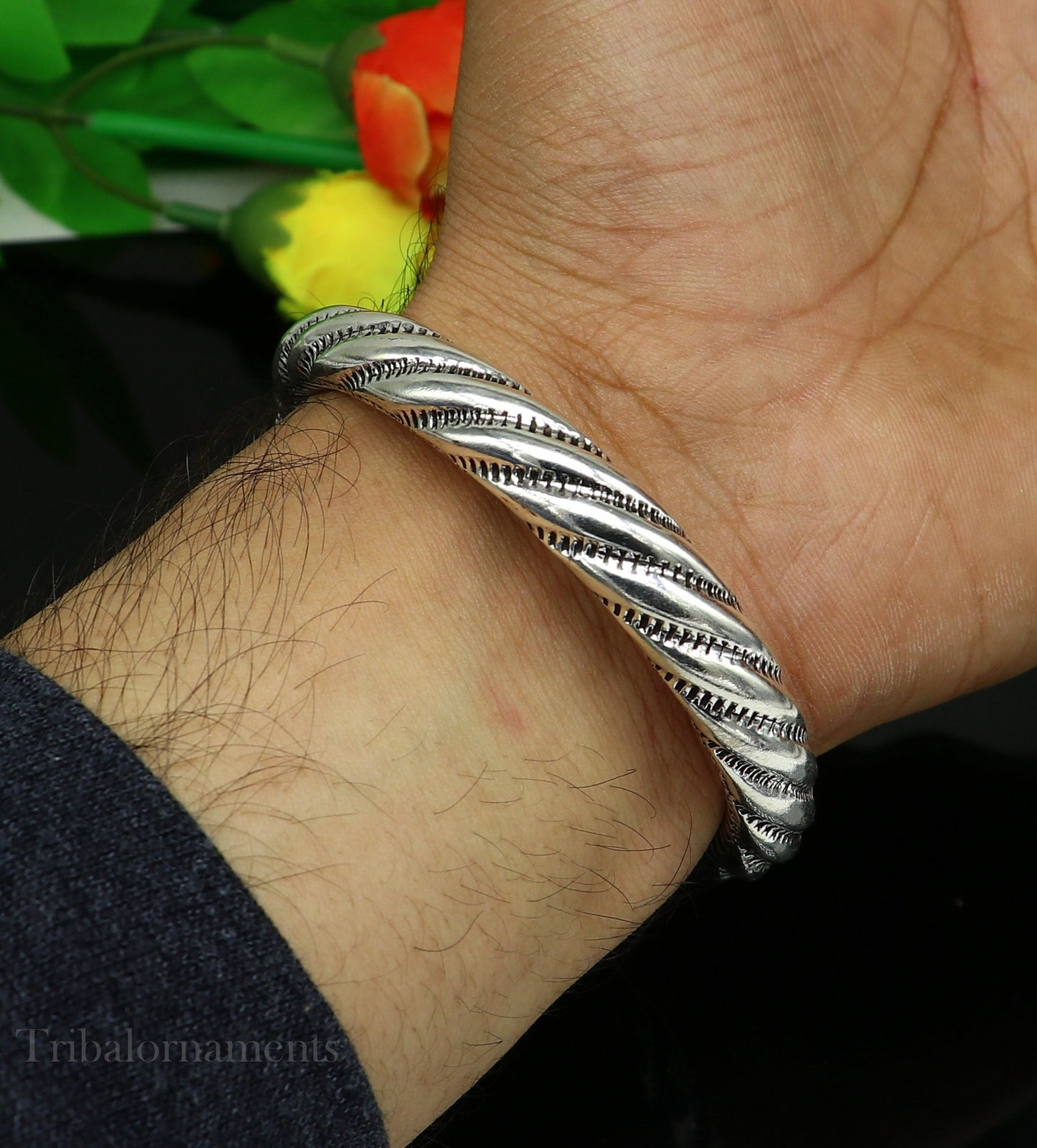 925 Sterling silver handmade Lord Shiva trident trishul trishool kada bangle bracelet with natural Rudraksha customized kada nsk381 - TRIBAL ORNAMENTS