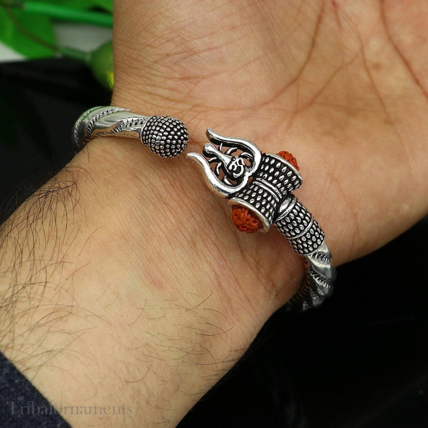 925 Sterling silver handmade Lord Shiva trident trishul trishool kada bangle bracelet with natural Rudraksha customized kada nsk381 - TRIBAL ORNAMENTS