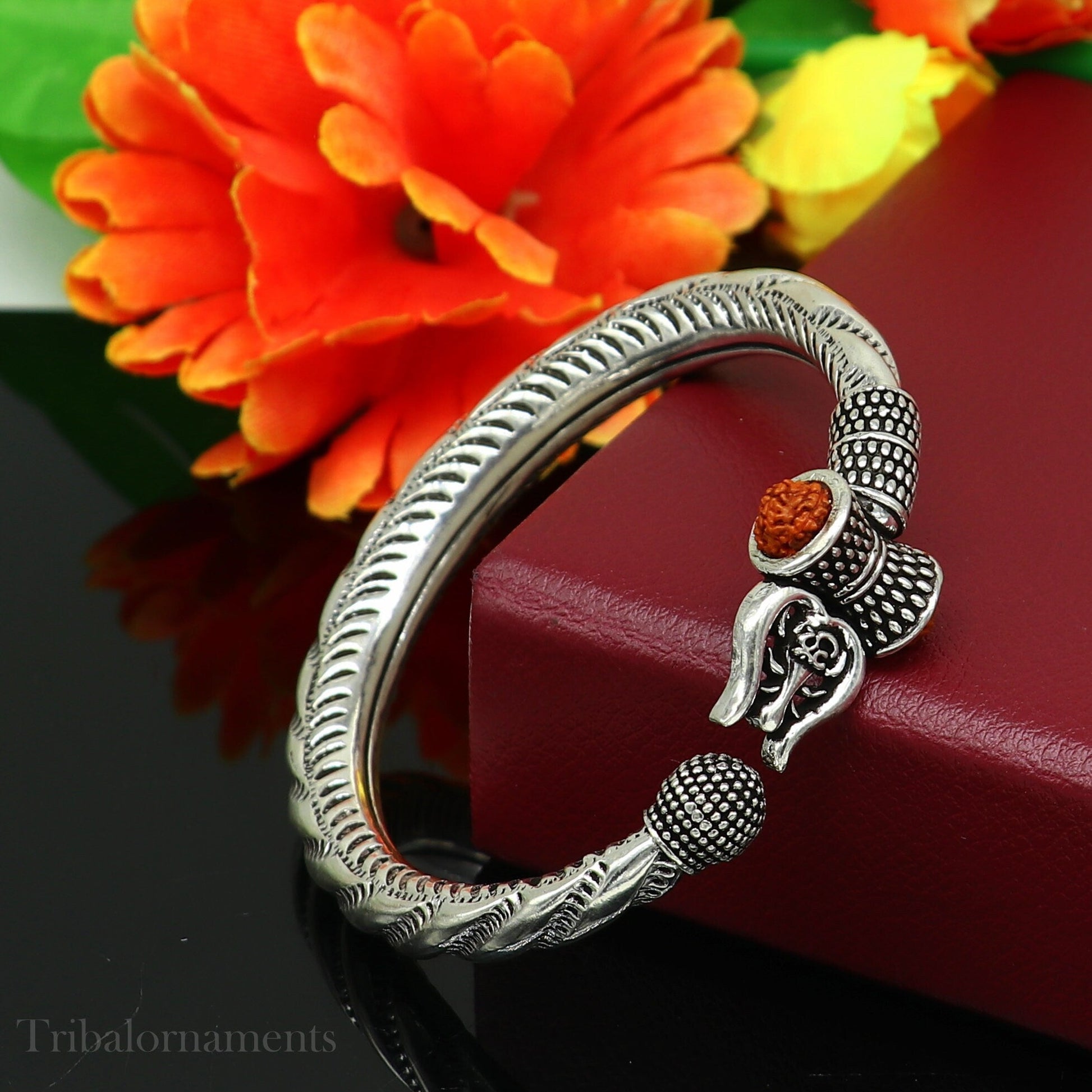 925 Sterling silver handmade Lord Shiva trident trishul trishool kada bangle bracelet with natural Rudraksha customized kada nsk381 - TRIBAL ORNAMENTS