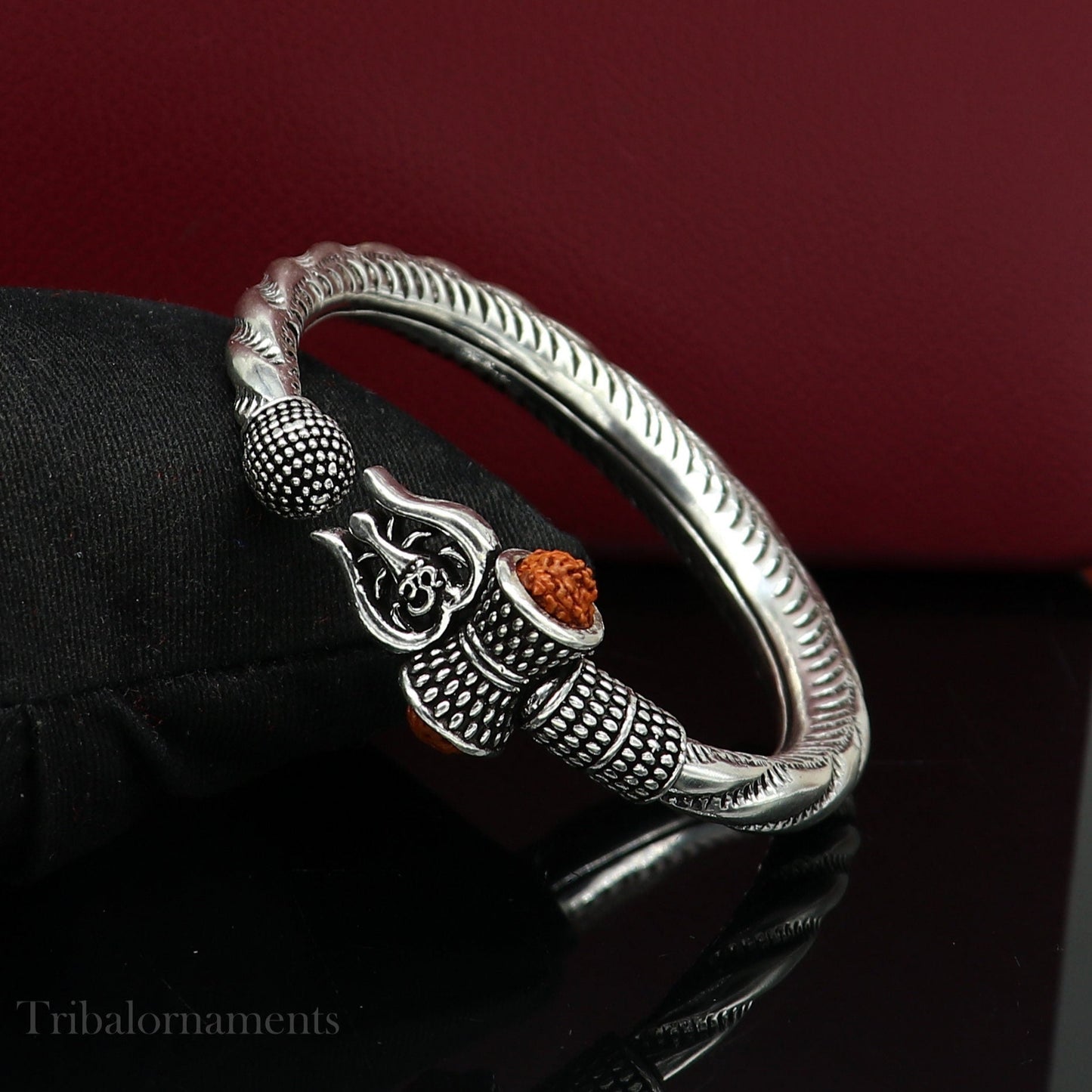 925 Sterling silver handmade Lord Shiva trident trishul trishool kada bangle bracelet with natural Rudraksha customized kada nsk381 - TRIBAL ORNAMENTS