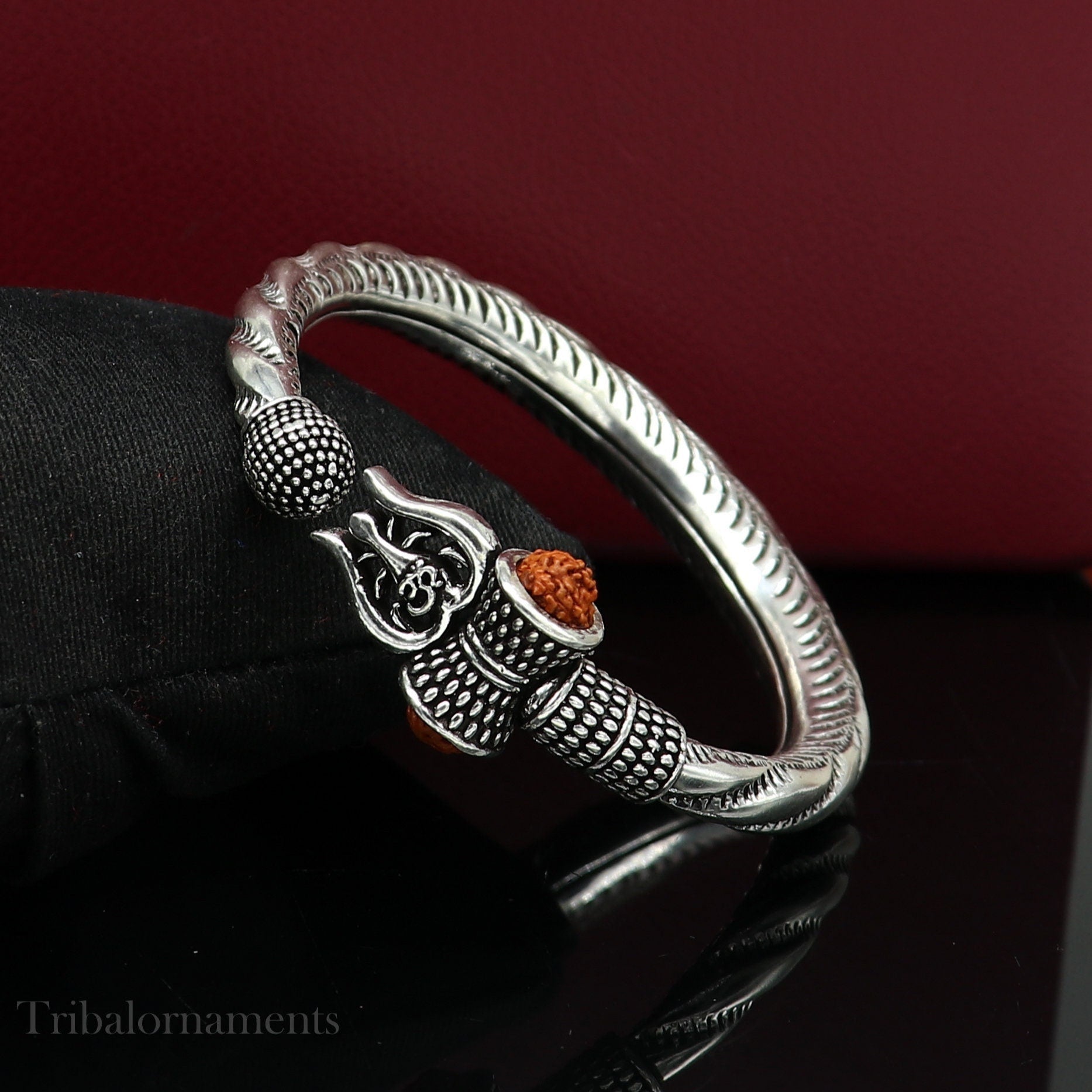 925 Sterling silver handmade Lord Shiva trident trishul trishool kada bangle bracelet with natural Rudraksha customized kada nsk381 - TRIBAL ORNAMENTS