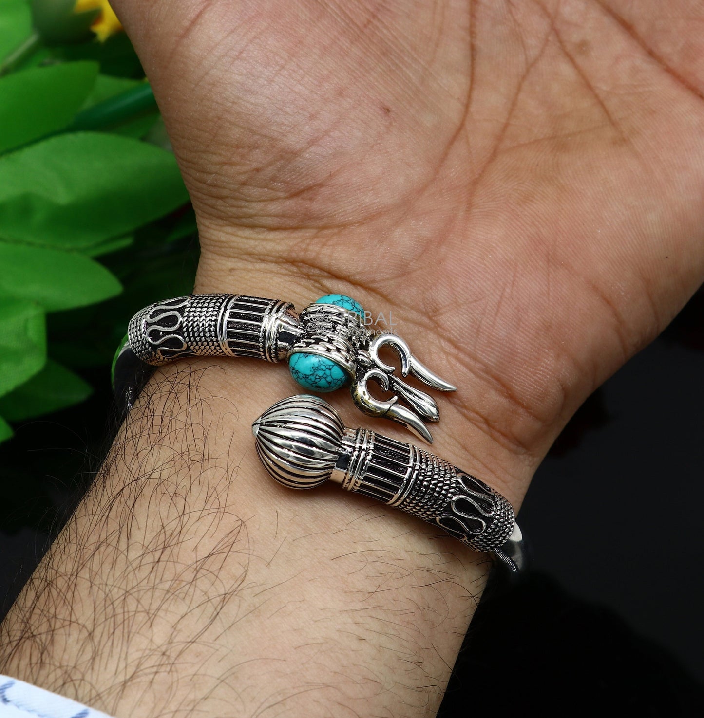 925 sterling silver Vintage design handmade lord Shiva trident kada, bahubali kada bangle Trishul bracelet jewelry turquoise kada nsk616 - TRIBAL ORNAMENTS
