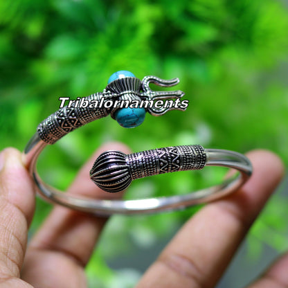 Handcrafted 925 sterling silver Lord Shiva trident bangle cuff bracelet by Tribal Ornaments, unisex jewelry with detailed design.