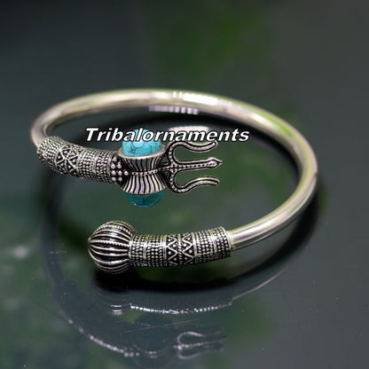 Handcrafted 925 sterling silver Lord Shiva trident bangle cuff bracelet by Tribal Ornaments, unisex jewelry with intricate design.