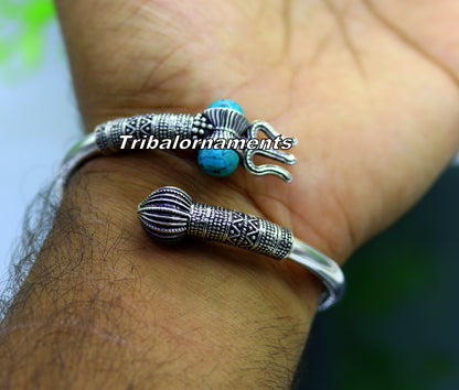 Handcrafted 925 sterling silver Lord Shiva trident bangle cuff bracelet by TRIBAL ORNAMENTS, unisex customized jewelry.