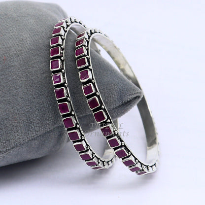 925 sterling silver red cut stone bangle bracelet by TRIBAL ORNAMENTS, stylish jewelry for girls and women, handmade and vibrant.