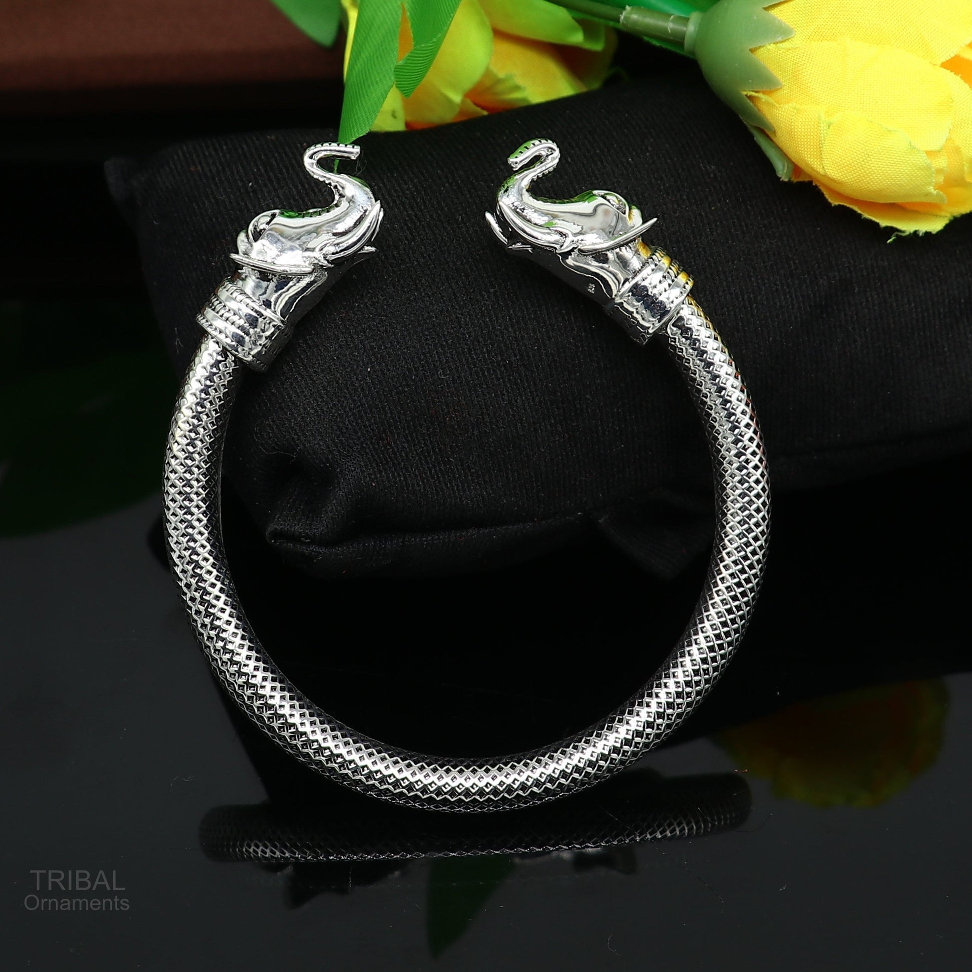 925 sterling silver elephant face bangle bracelet from TRIBAL ORNAMENTS, unisex silver kada with detailed elephant design.