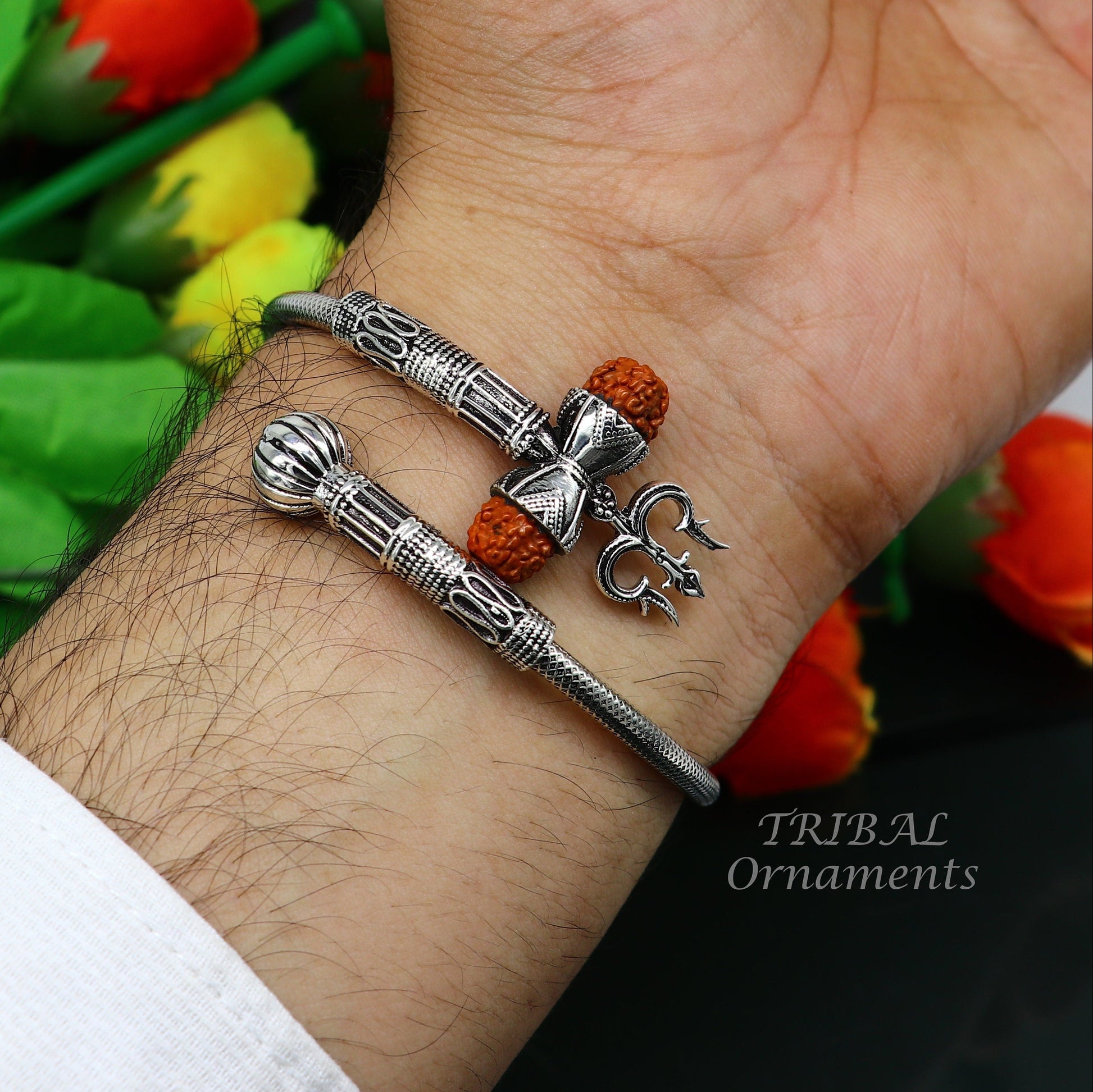 925 sterling silver handmade Shiva Trishul bangle bracelet Rudraksha kada, excellent Bahubali trident kada bracelet gift nsk534 - TRIBAL ORNAMENTS