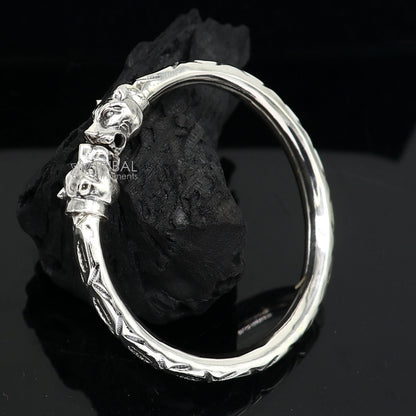 Sterling silver lion face bangle bracelet with handcrafted unisex design, detailed tribal ornament jewelry, customizable jewelry piece