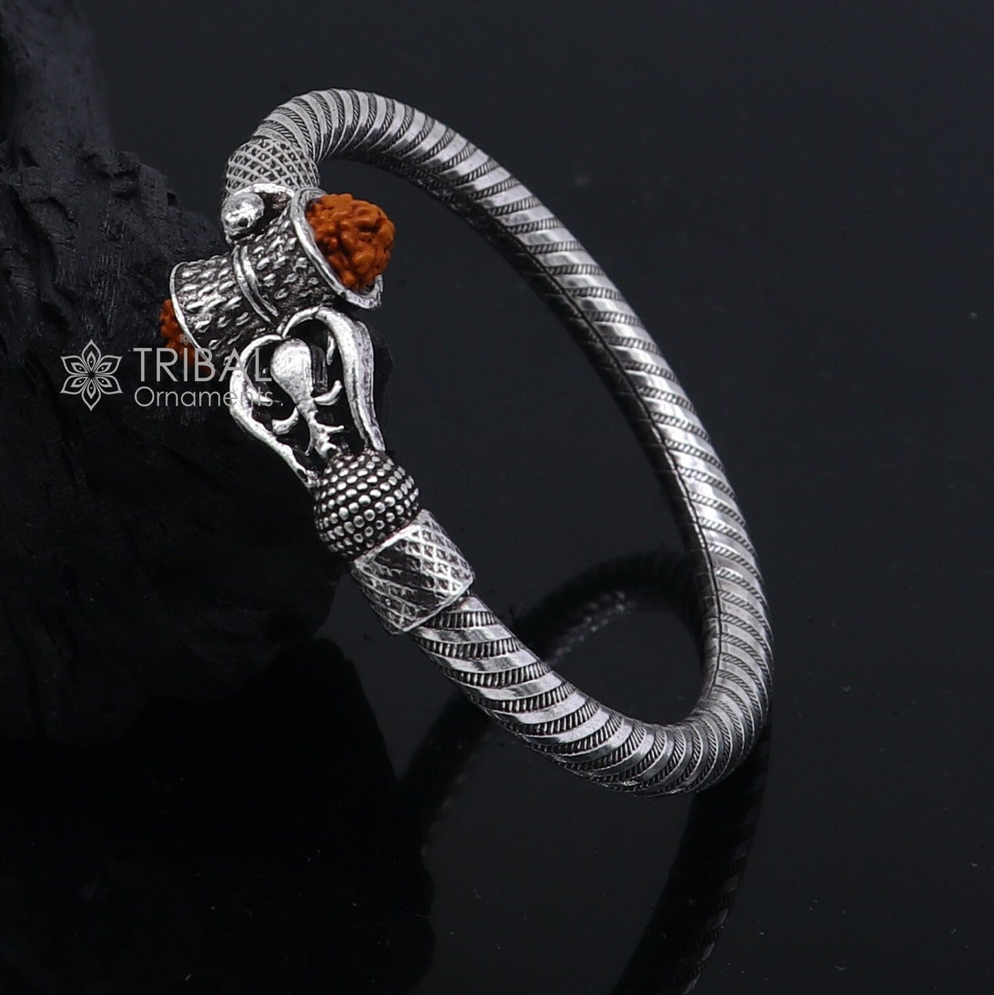 Handmade Sterling silver Lord Shiva Trident Kada Mahakal bracelet, Rudraksh bracelet, customized Babhubali bangle Kada Gifting jewelry nsk703 - TRIBAL ORNAMENTS