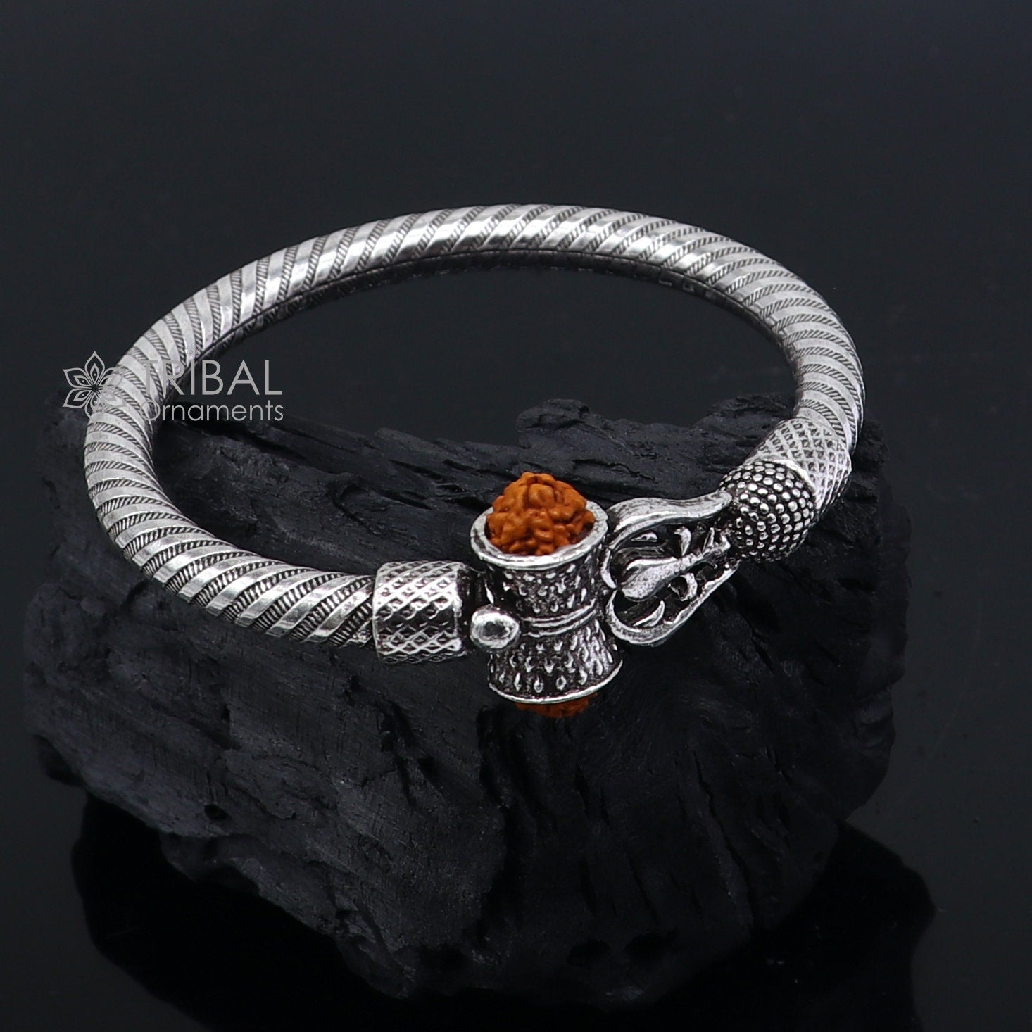 Handmade Sterling silver Lord Shiva Trident Kada Mahakal bracelet, Rudraksh bracelet, customized Babhubali bangle Kada Gifting jewelry nsk703 - TRIBAL ORNAMENTS