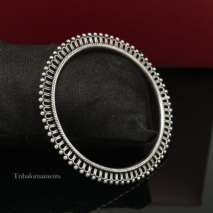 Sterling silver bangle bracelet with tiny silver beads, handmade ethnic jewelry by Tribal Ornaments for women.