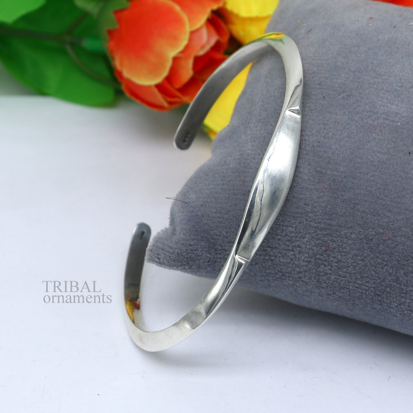 Sterling silver plain shiny bangle cuff bracelet by TRIBAL ORNAMENTS, adjustable designer jewelry for men or girls.