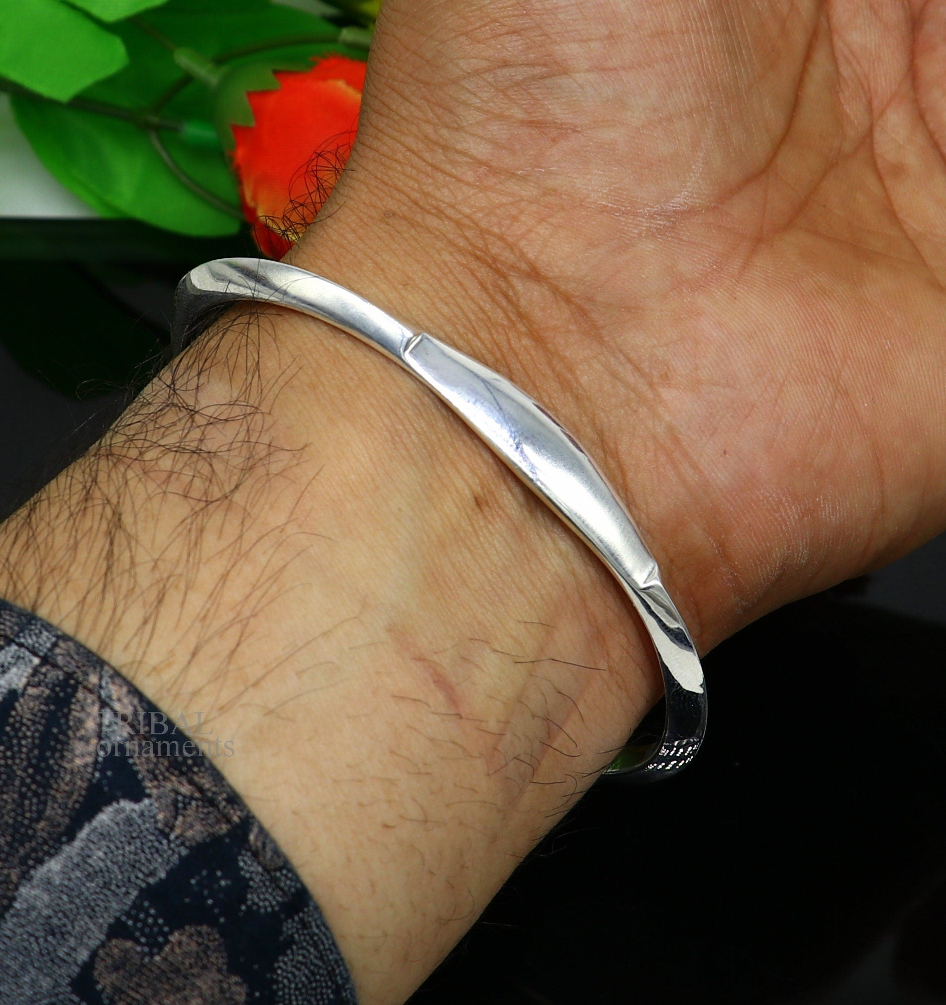 Sterling silver plain shiny bangle cuff bracelet from TRIBAL ORNAMENTS, adjustable designer jewelry for men or girls.