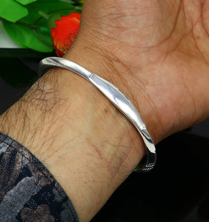 Sterling silver plain shiny bangle cuff bracelet from TRIBAL ORNAMENTS, adjustable designer jewelry for men or girls.