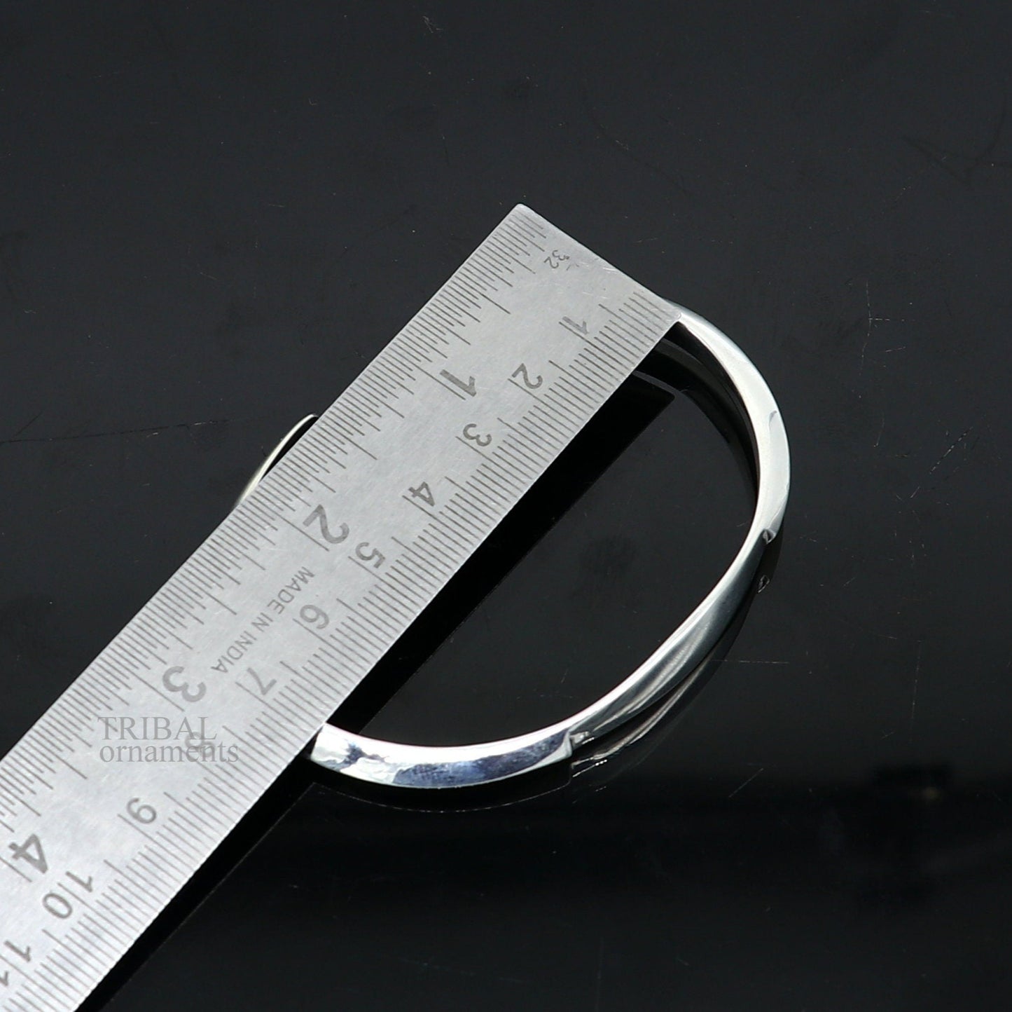 Elegant 925 sterling silver plain shiny bangle cuff bracelet, adjustable designer jewelry for men or girls, from TRIBAL ORNAMENTS.