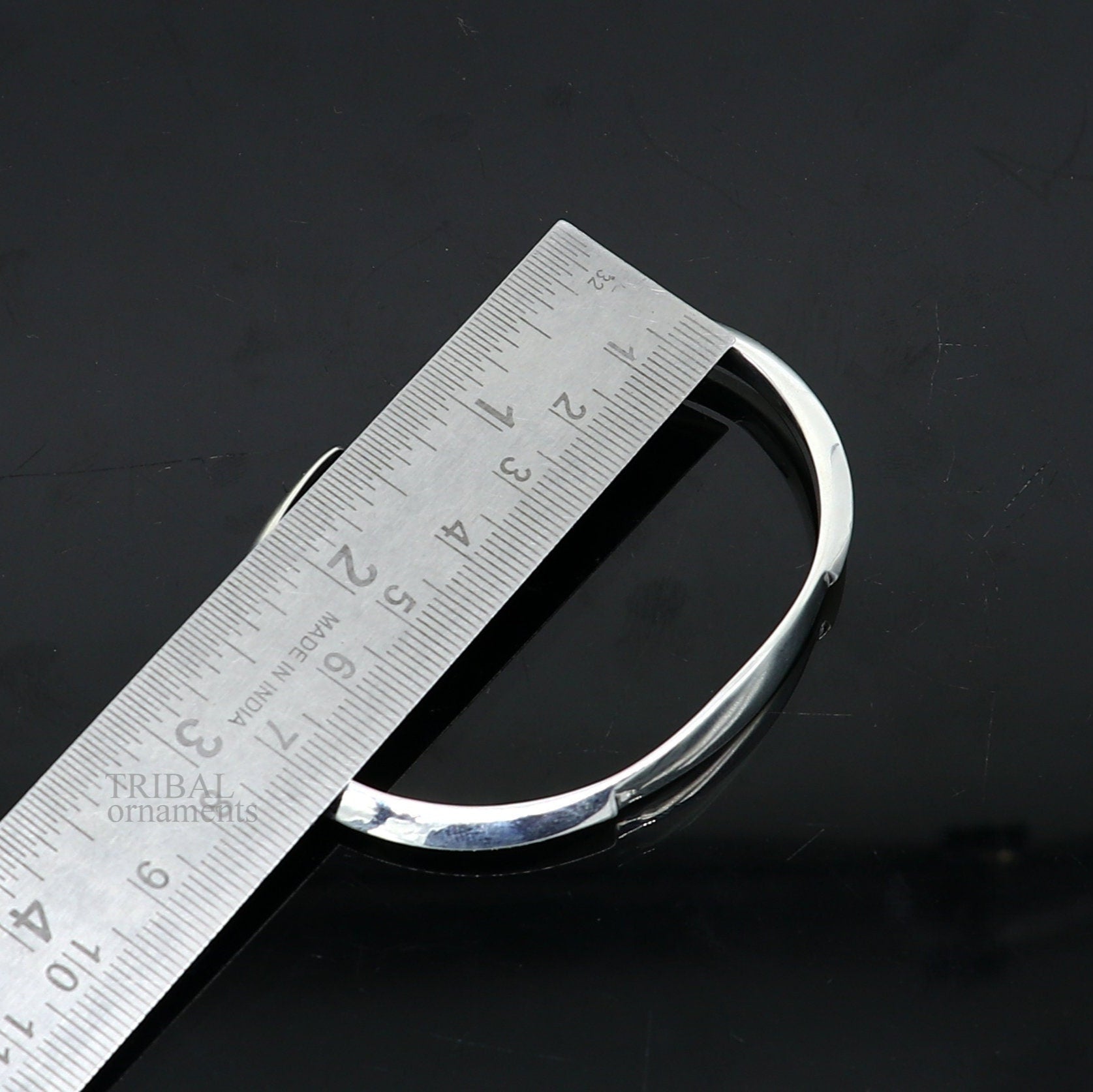 Elegant 925 sterling silver plain shiny bangle cuff bracelet, adjustable designer jewelry for men or girls, from TRIBAL ORNAMENTS.