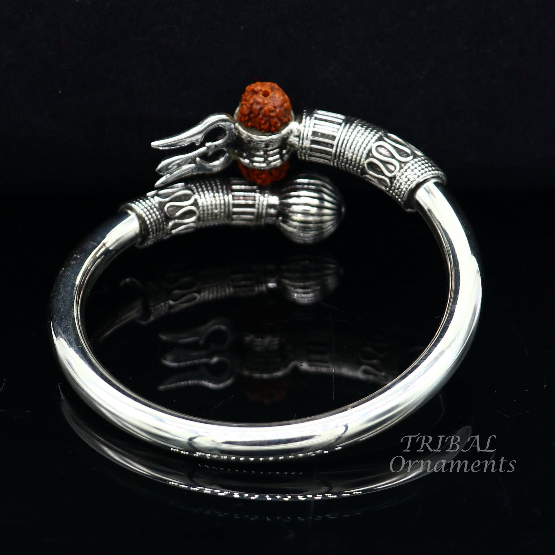 925 Sterling silver handmade plain shiny Lord Shiva trident trishul kada bangle bracelet with natural Rudraksha customized kada nsk516 - TRIBAL ORNAMENTS