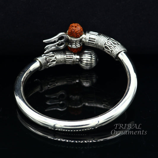 925 Sterling silver handmade plain shiny Lord Shiva trident trishul kada bangle bracelet with natural Rudraksha customized kada nsk516 - TRIBAL ORNAMENTS