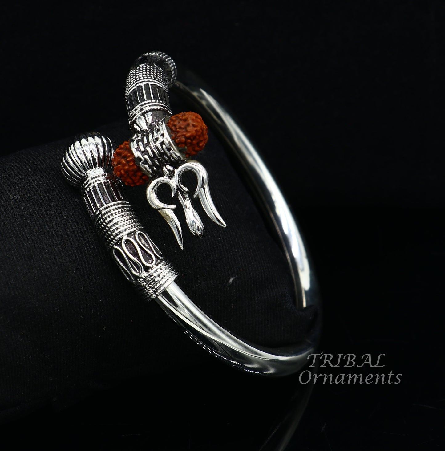 925 Sterling silver handmade plain shiny Lord Shiva trident trishul kada bangle bracelet with natural Rudraksha customized kada nsk516 - TRIBAL ORNAMENTS