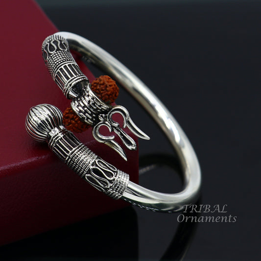 925 Sterling silver Lord Shiva trident kada bracelet with natural Rudraksha beads, handmade shiny bangle, tribal ornament style.
