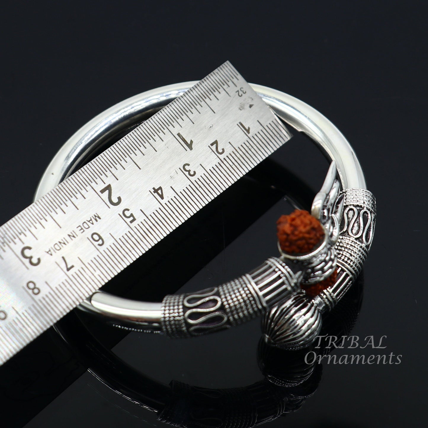 925 Sterling silver handmade plain shiny Lord Shiva trident trishul kada bangle bracelet with natural Rudraksha customized kada nsk516 - TRIBAL ORNAMENTS