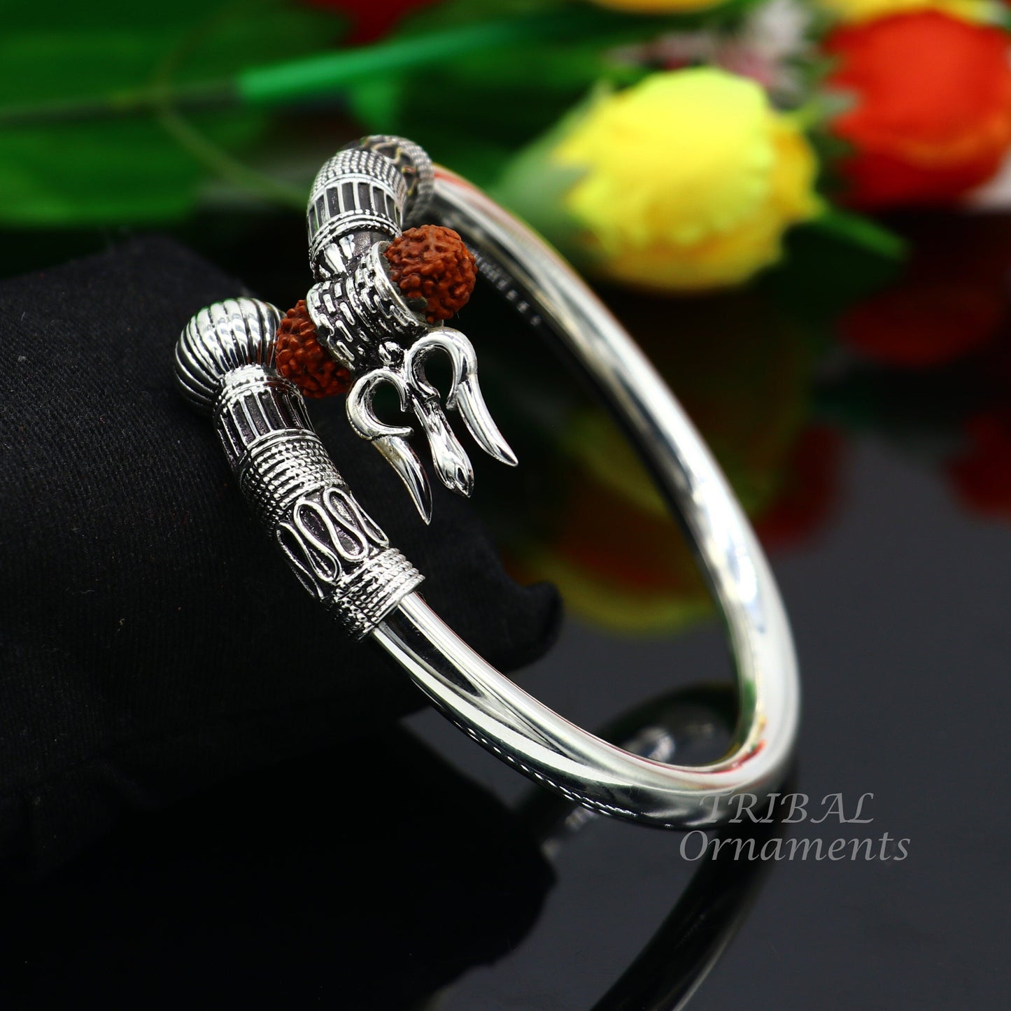 925 Sterling silver handmade plain shiny Lord Shiva trident trishul kada bangle bracelet with natural Rudraksha customized kada nsk516 - TRIBAL ORNAMENTS