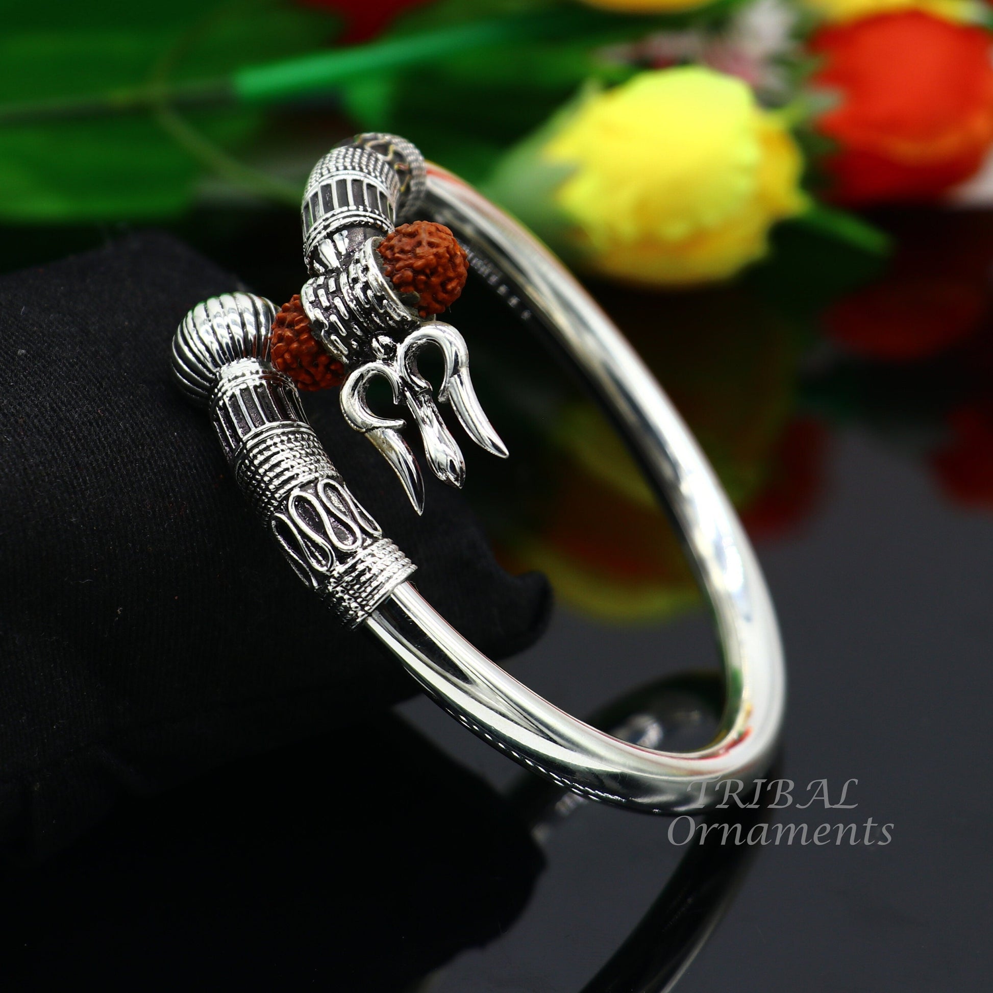 925 Sterling silver handmade plain shiny Lord Shiva trident trishul kada bangle bracelet with natural Rudraksha customized kada nsk516 - TRIBAL ORNAMENTS