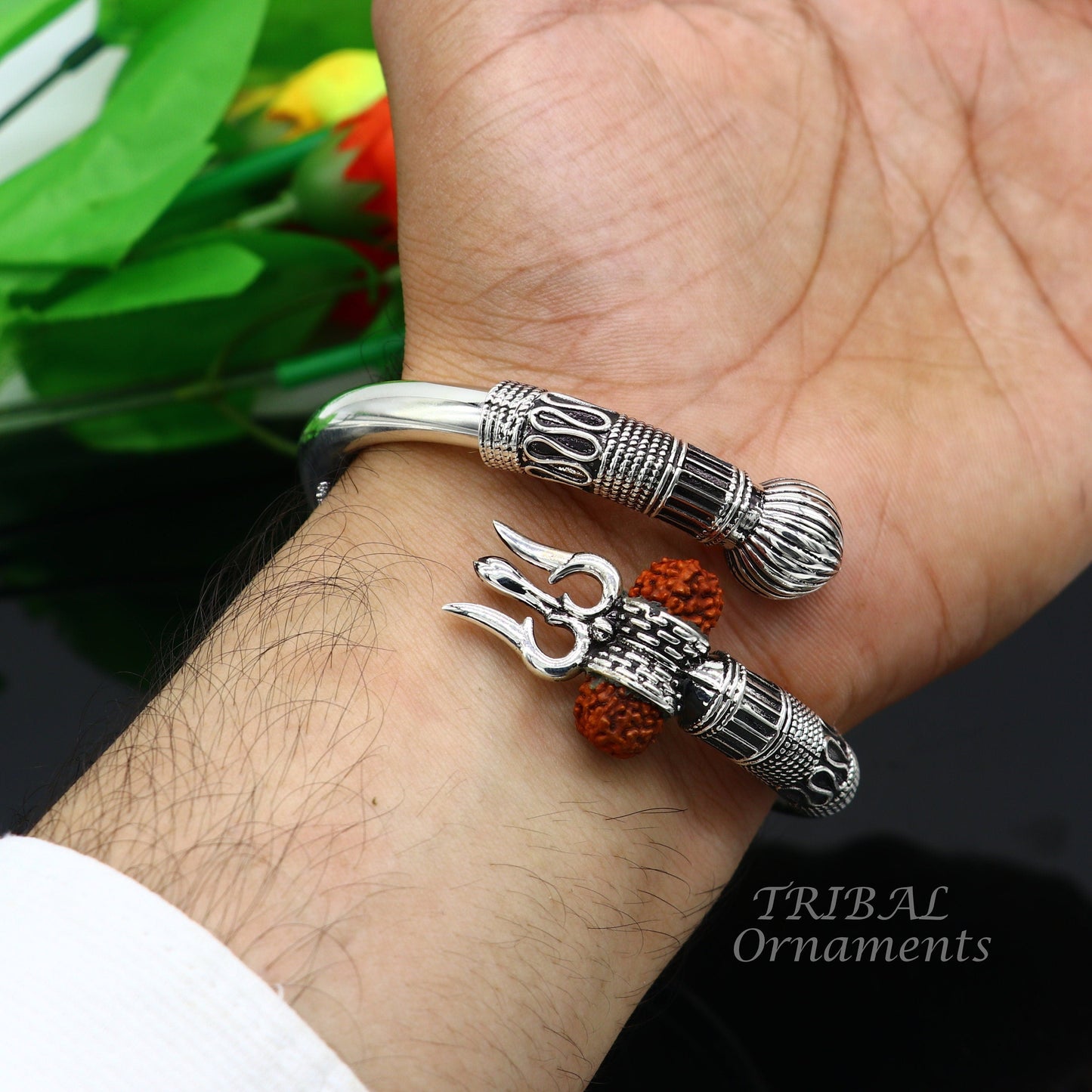 925 Sterling silver handmade plain shiny Lord Shiva trident trishul kada bangle bracelet with natural Rudraksha customized kada nsk516 - TRIBAL ORNAMENTS