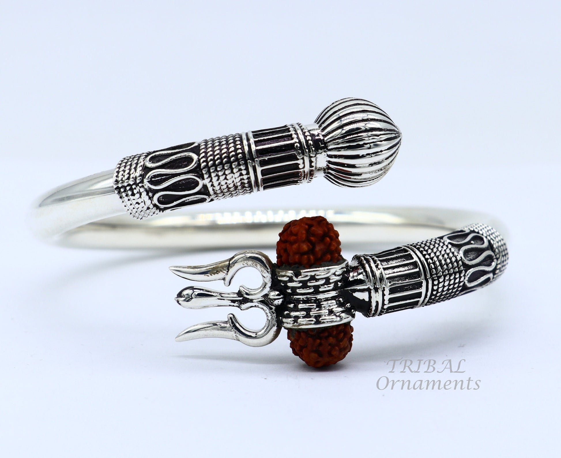 925 Sterling silver handmade plain shiny Lord Shiva trident trishul kada bangle bracelet with natural Rudraksha customized kada nsk516 - TRIBAL ORNAMENTS
