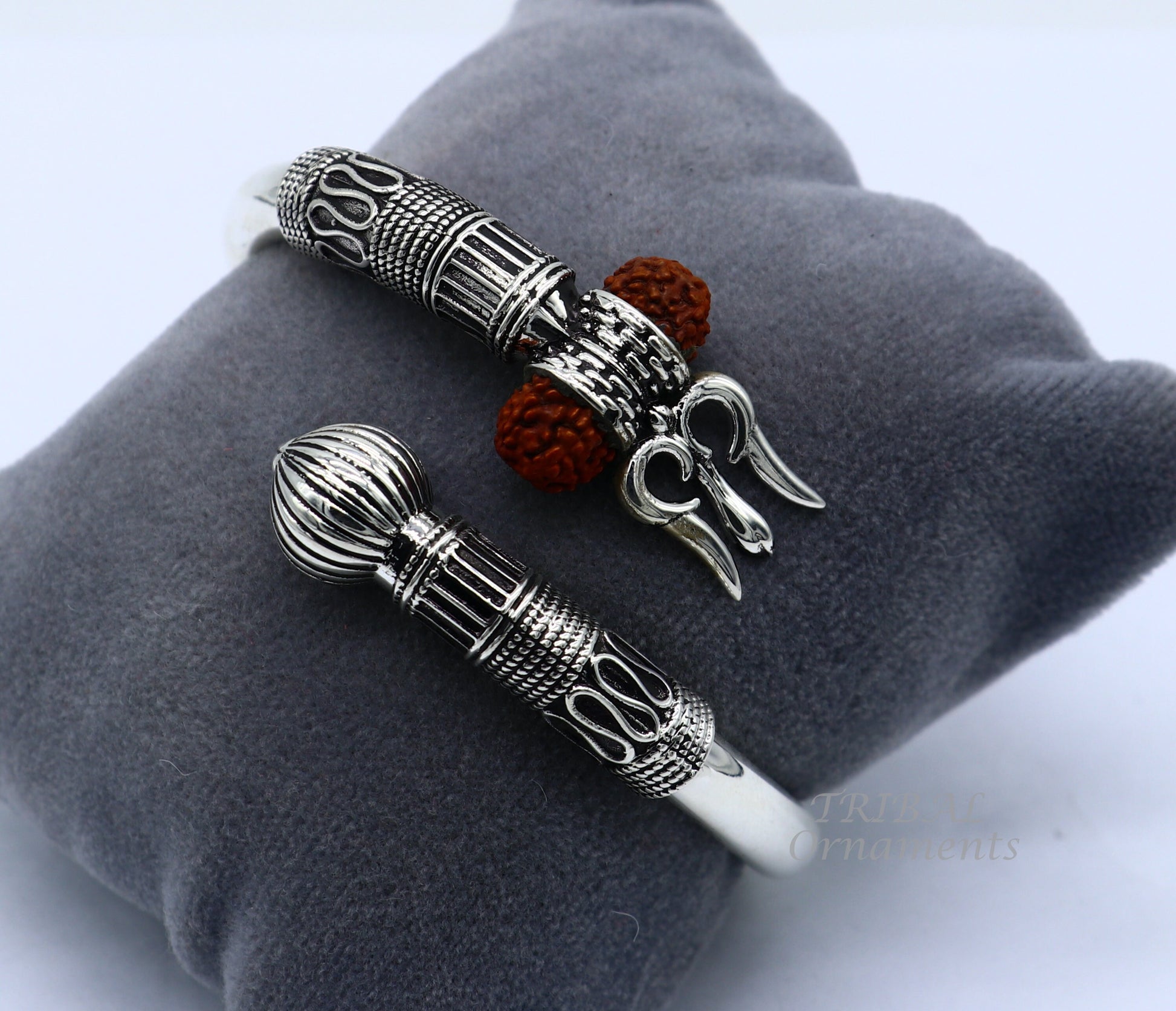 925 Sterling silver handmade plain shiny Lord Shiva trident trishul kada bangle bracelet with natural Rudraksha customized kada nsk516 - TRIBAL ORNAMENTS