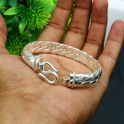 Bright shining 925 sterling silver handmade bangle bracelet, unisex jewelry with intricate tribal design and personalized touch.