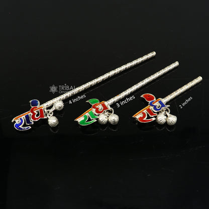 925 sterling silver handmade Radhe Krishna flute idol with detailed design, featuring a silver bansuri and Laddu Gopala motif.
