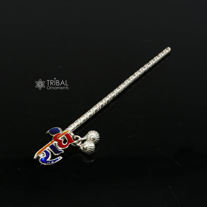 Handmade 925 sterling silver Radhe Krishna flute and bansuri, featuring intricate designs and a small idol of Lord Krishna.