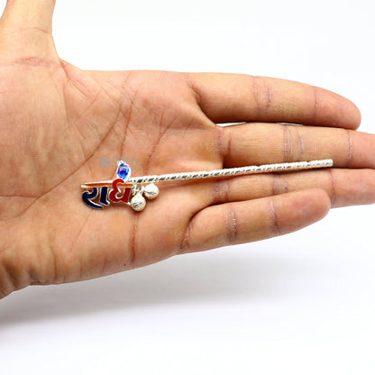 Handmade 925 sterling silver Radhe Krishna flute idol with intricate design, featuring a silver bansuri and Laddu Gopala motif.