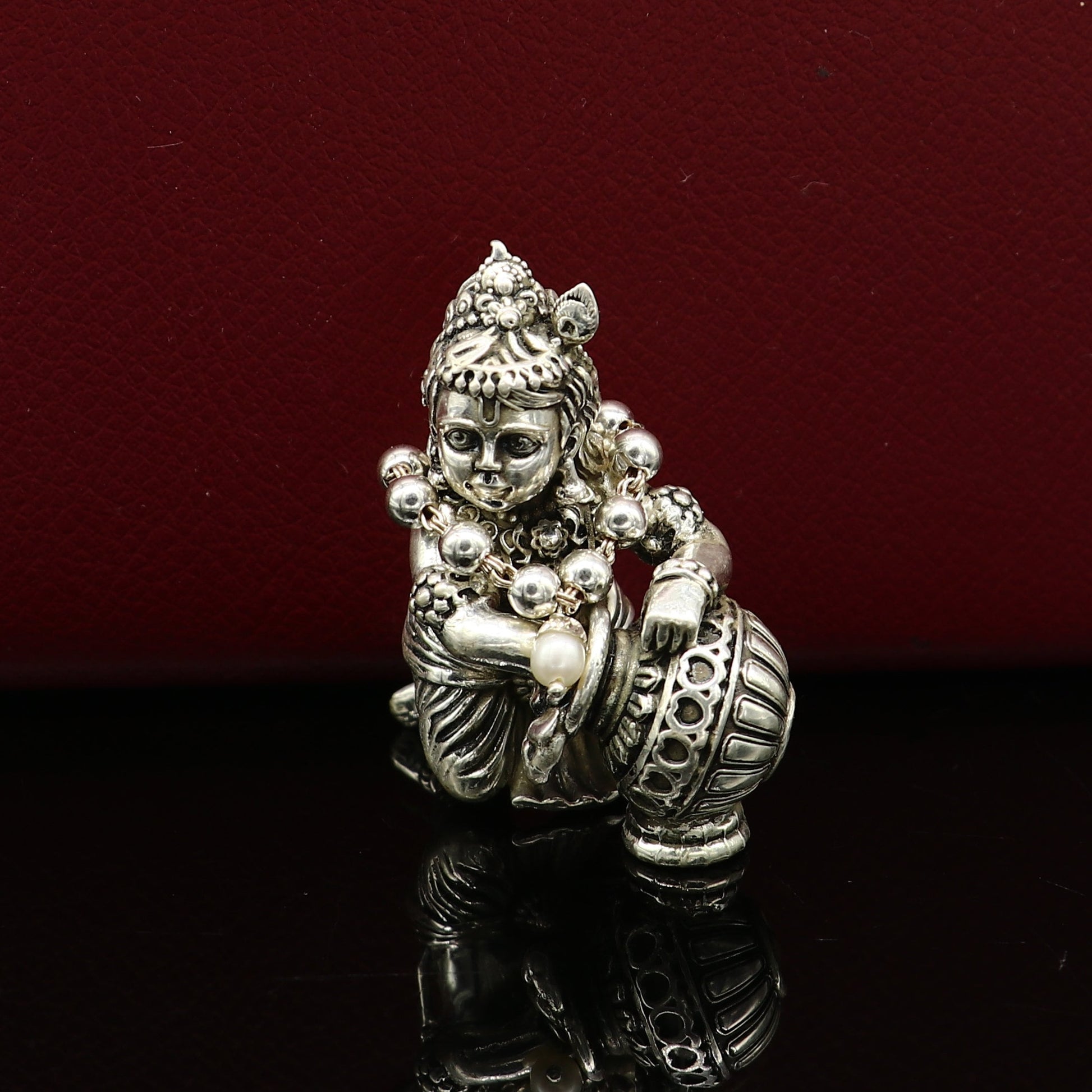 2" inches long handmade sterling silver beaded bracelet or necklace for baby krishna figurine or sculpture, best puja necklace sbr224 - TRIBAL ORNAMENTS