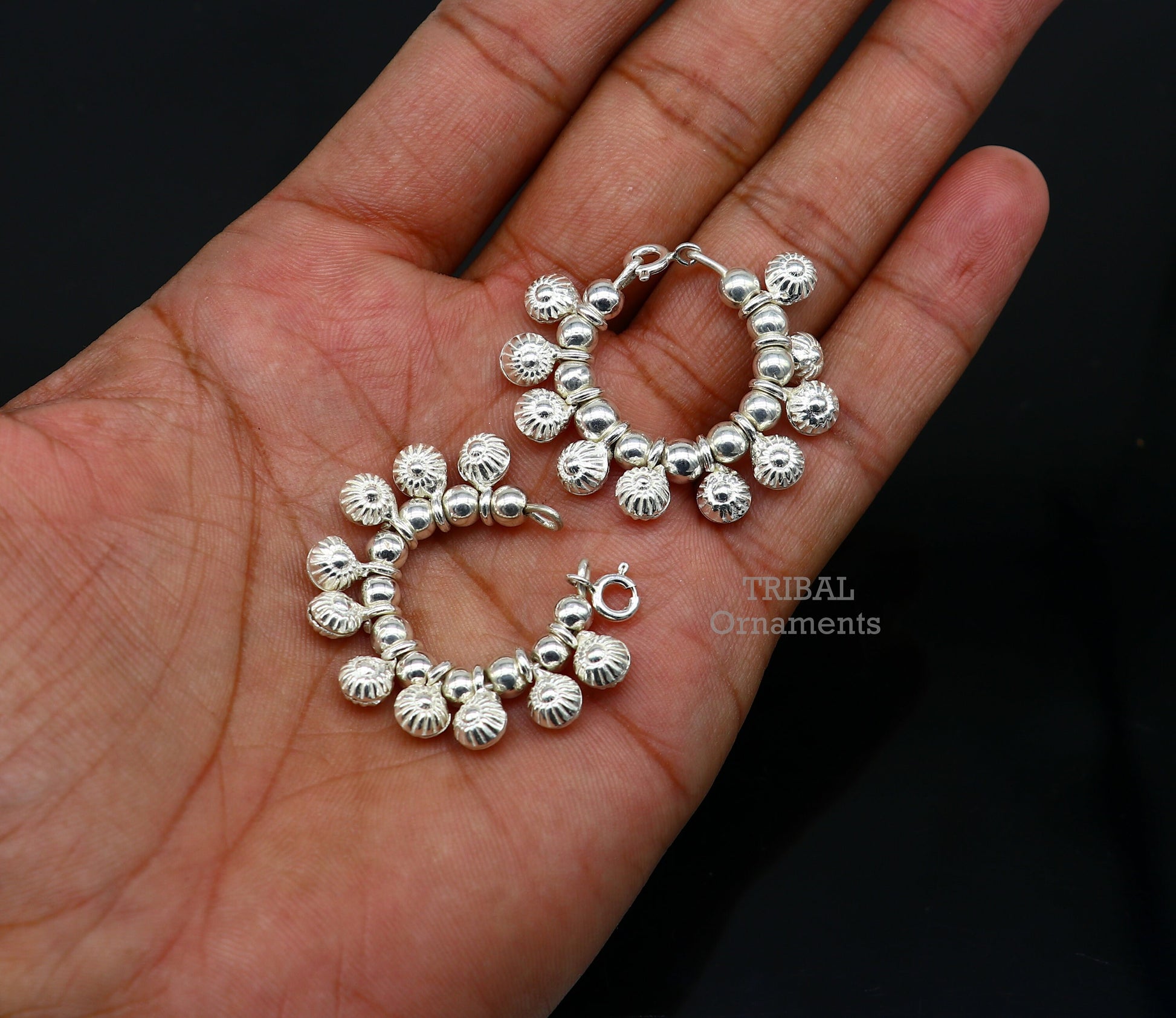 Sterling silver Lord Krishna anklet with vintage design, handmade small size Laddu Gopala Krishna bracelet, tribal ornament style.