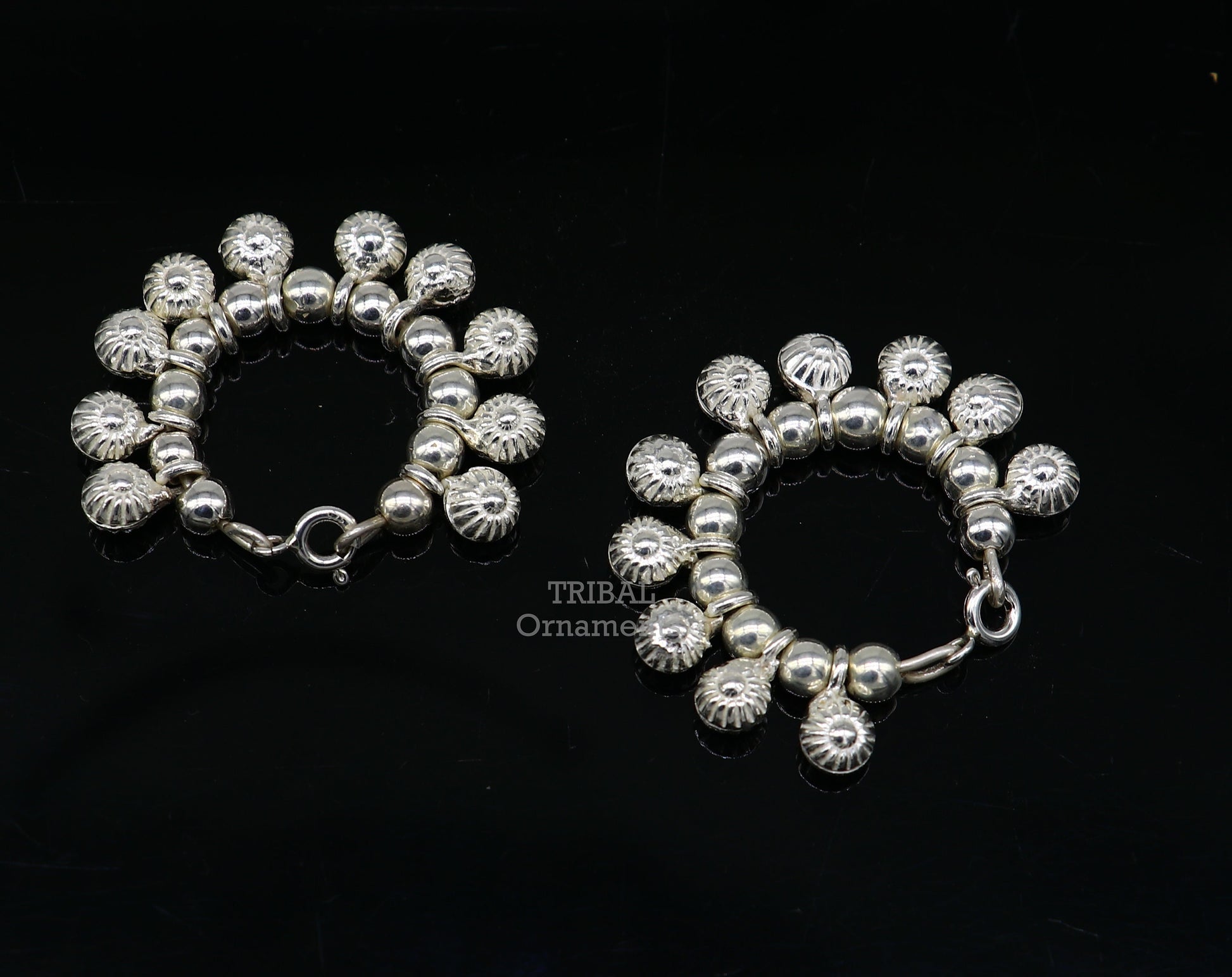 Handmade sterling silver Lord Krishna anklet with vintage design, small size, tribal style, featuring Laddu Gopala motifs.
