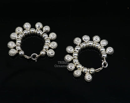 Handmade sterling silver Lord Krishna anklet with vintage design, small size, tribal style, featuring Laddu Gopala motifs.