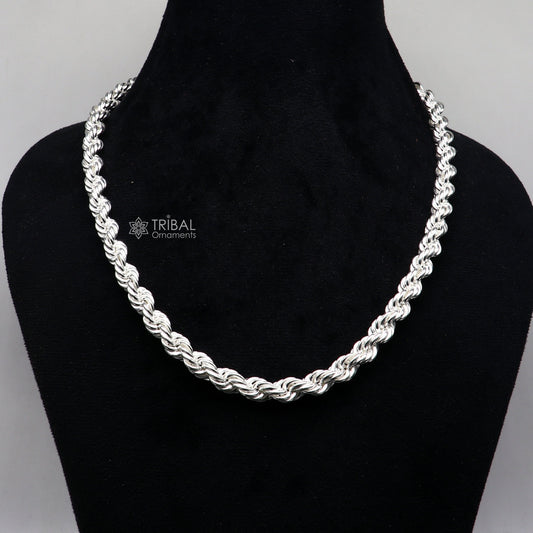 Heavy 8mm 925 sterling silver rope chain necklace showing a bright, handmade men's chain with a sturdy, trendy style.